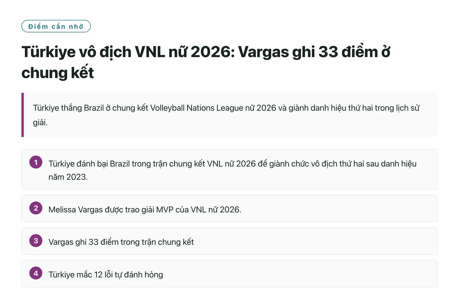 Türkiye vô địch VNL nữ 2026: Vargas ghi 33 điểm ở chung kết——全文要点速览